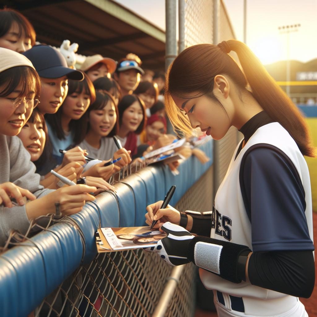 Softball player signing autographs.