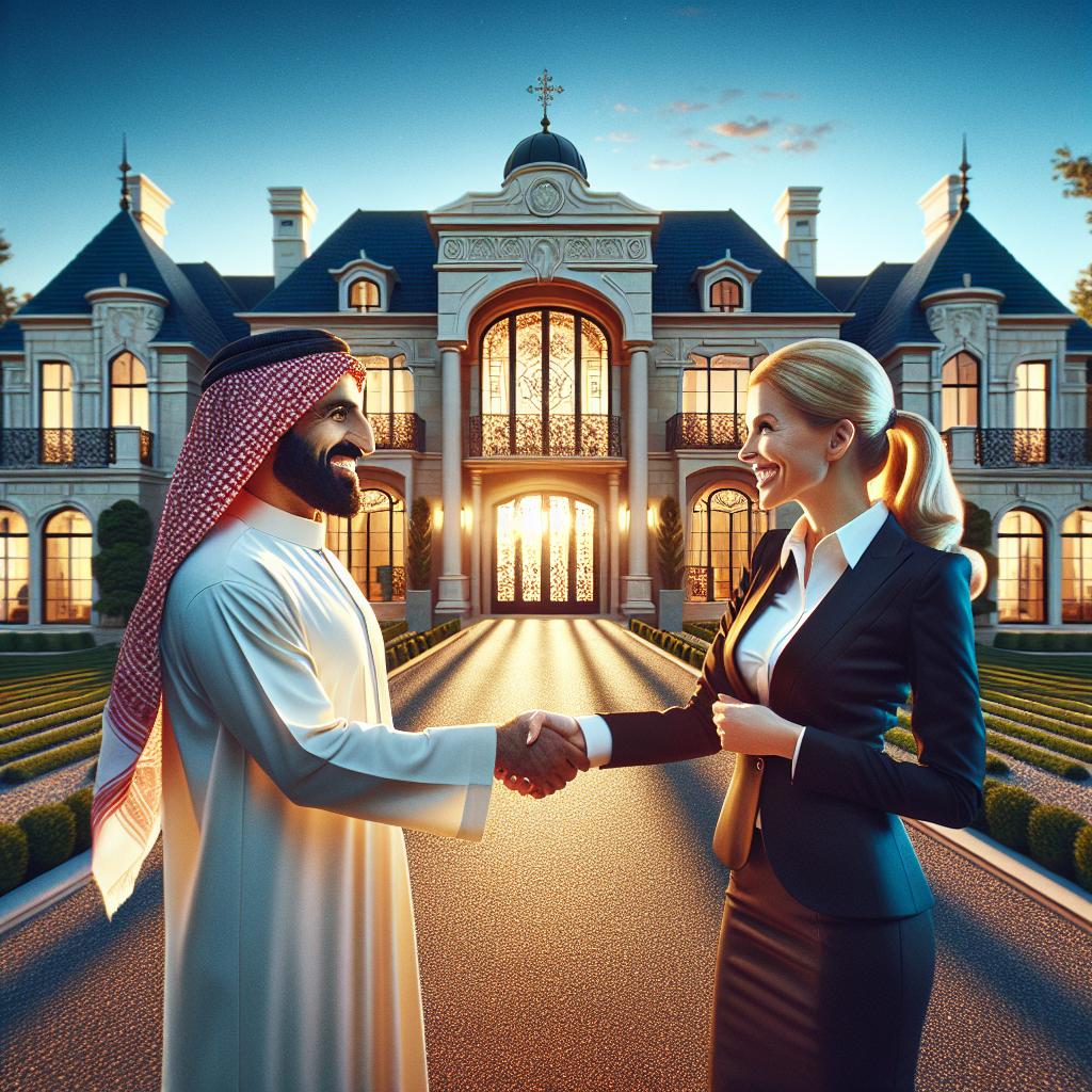 Celebratory handshake at mansion.