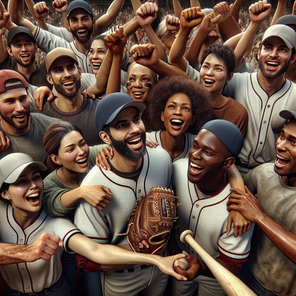 Celebratory baseball team huddle
