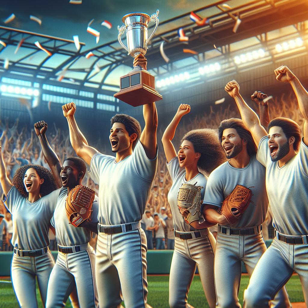 Baseball team celebrating victory.