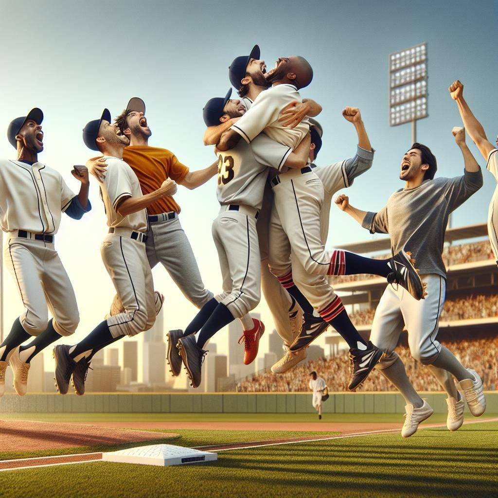 Baseball players celebrating victory.