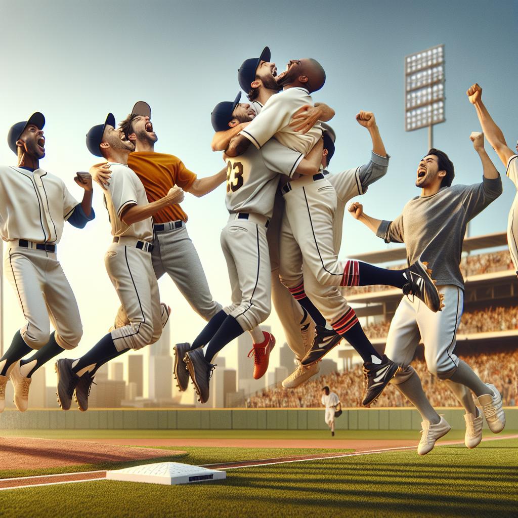 Baseball players celebrating victory.