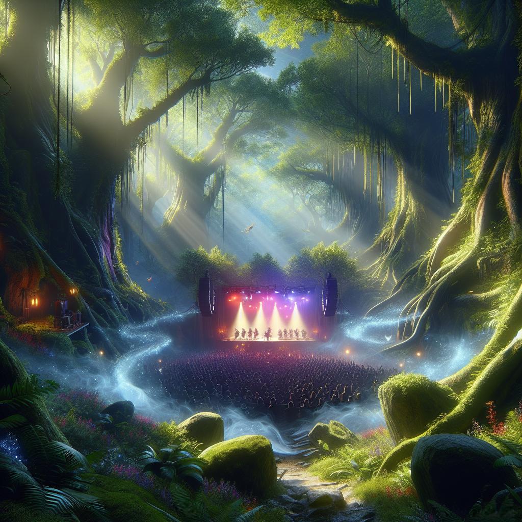Magical forest concert illustration.