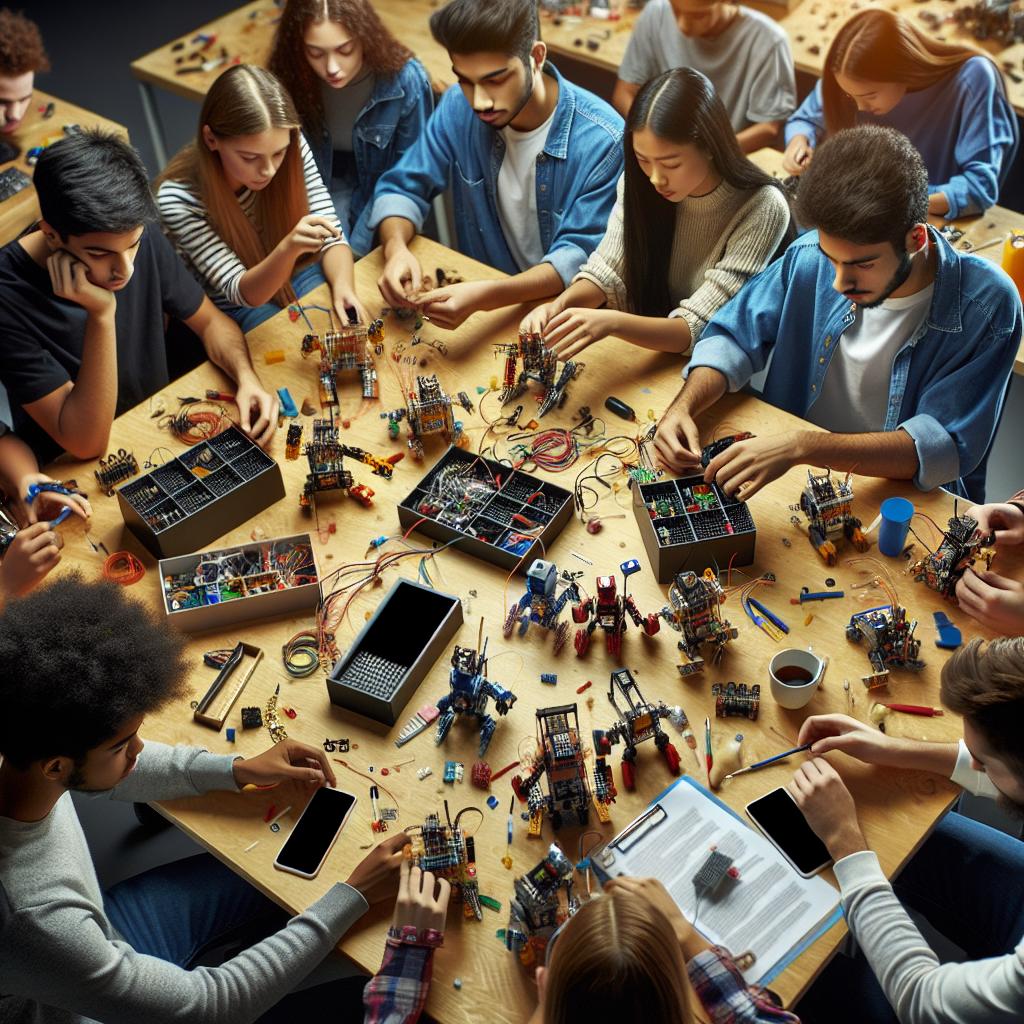 Students with robotics kits.
