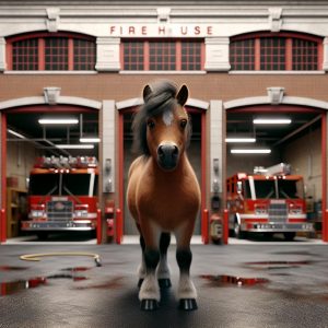 Mini horse at firehouse.