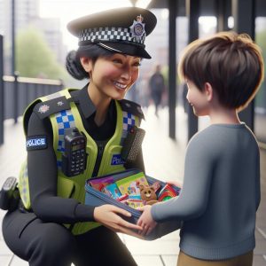 Police officer giving child kit