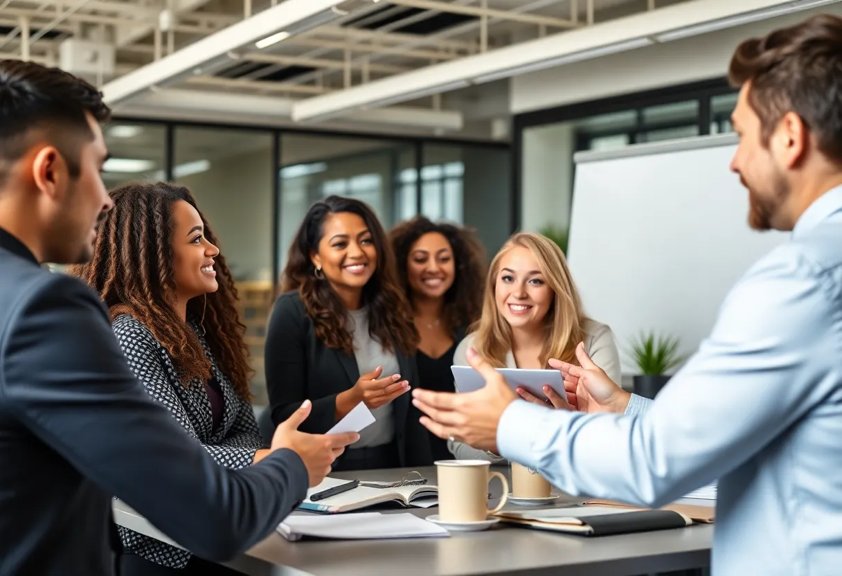 Marketers collaborating in an office setting.