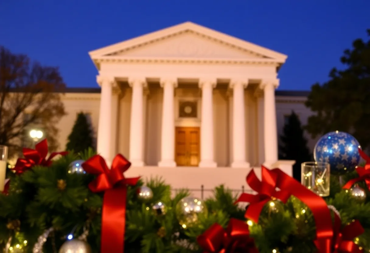 Festive decorations with a courthouse backdrop, symbolizing pause.