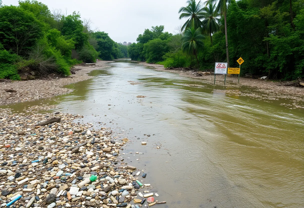 Contaminated river with plastic waste and warning signs.