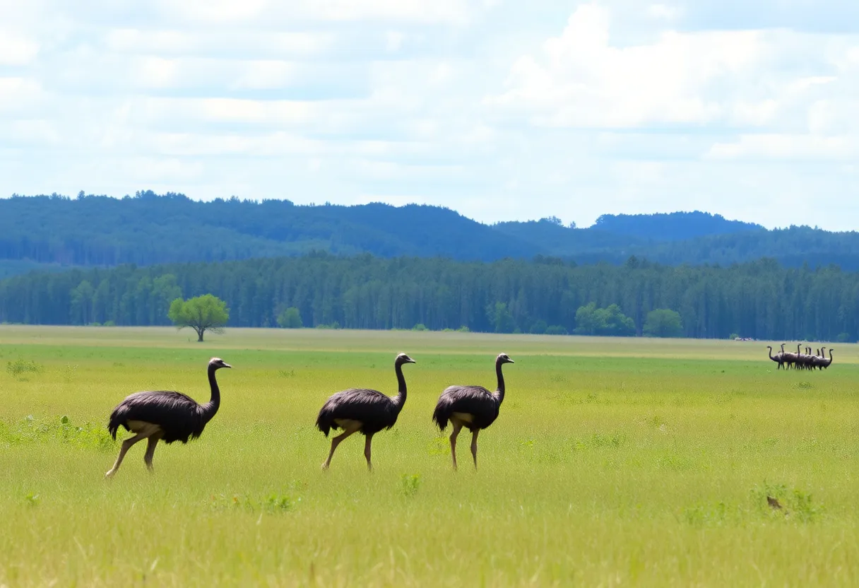 Emus wandering in a picturesque South Carolina landscape.