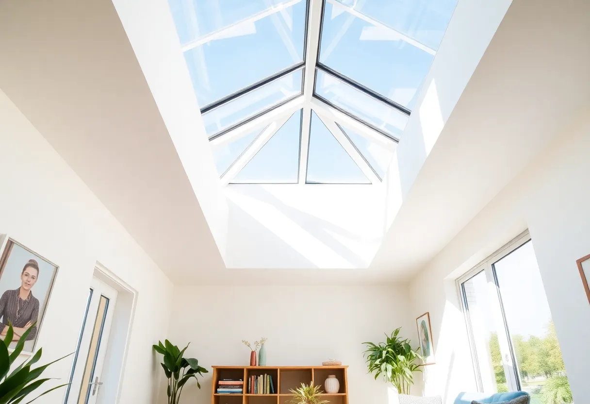Bright room with a roof skylight installation