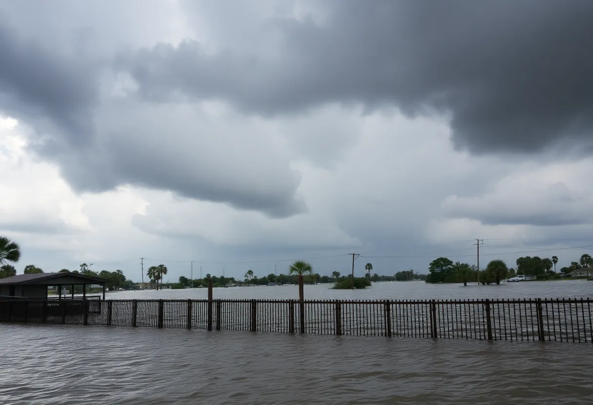 Floodwaters in South Carolina with warning signs.