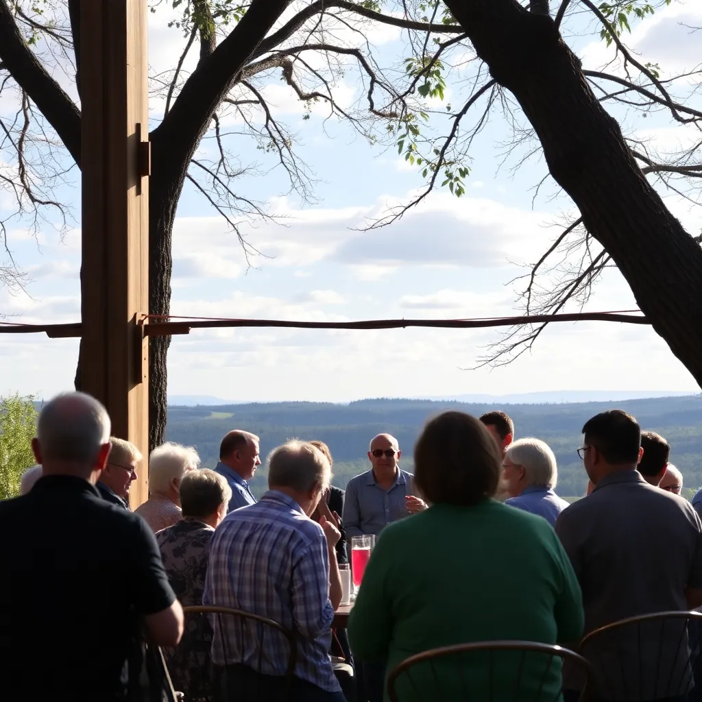 Community gathering in a scenic outdoor setting.