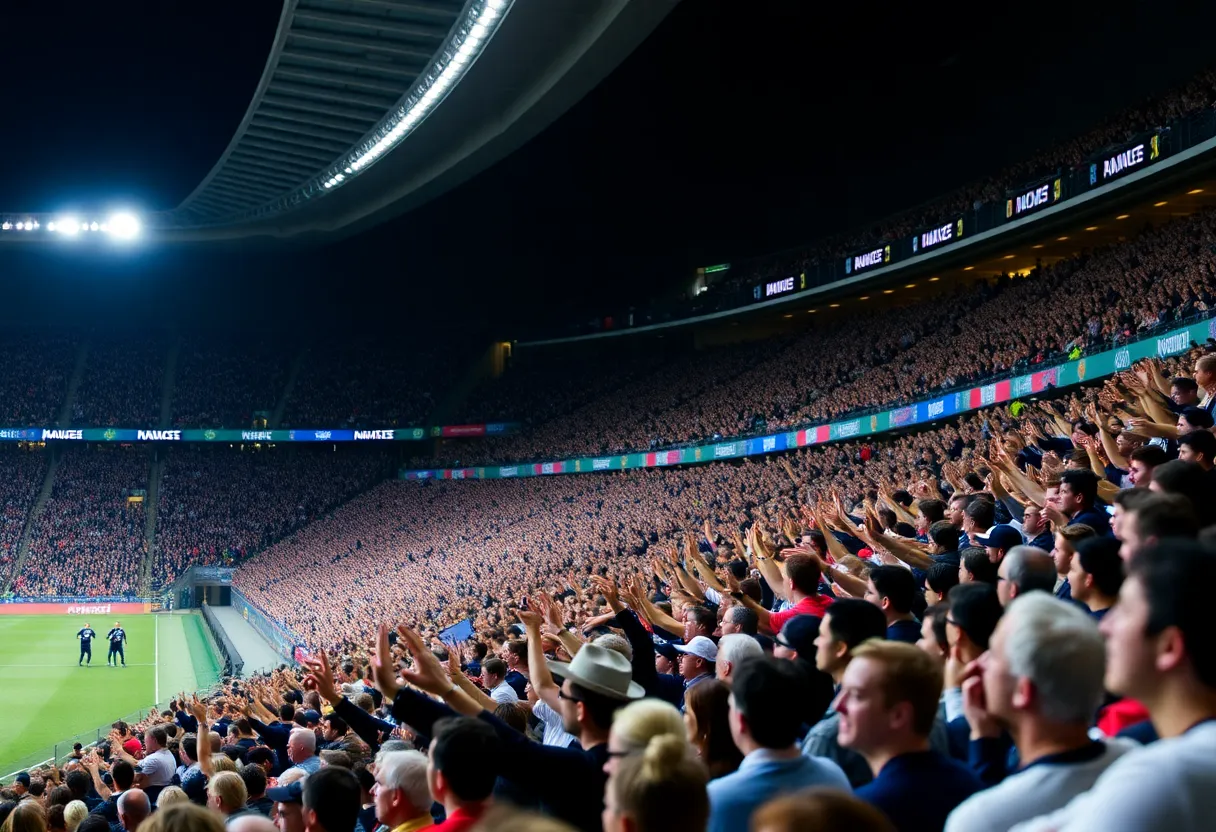 Cheering crowd in a stadium during a football game.