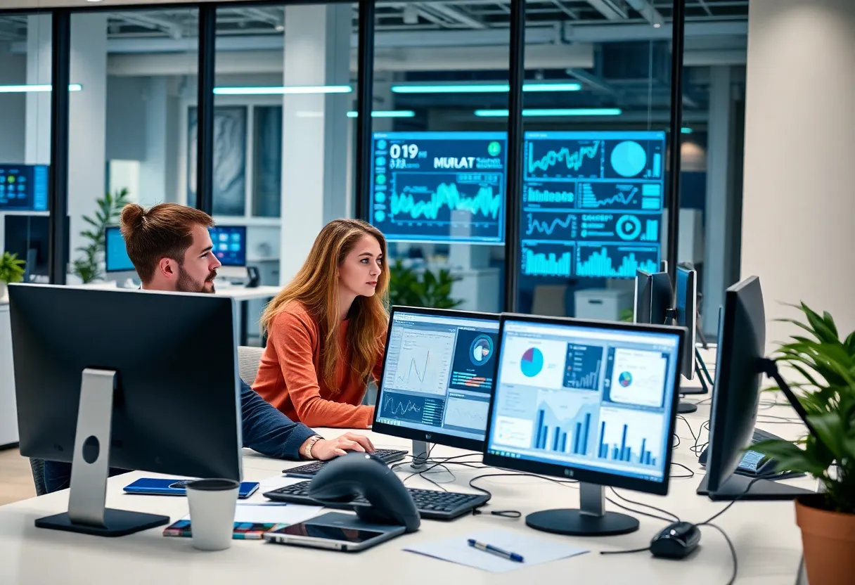 Professionals collaborating in a marketing office using AI tools.