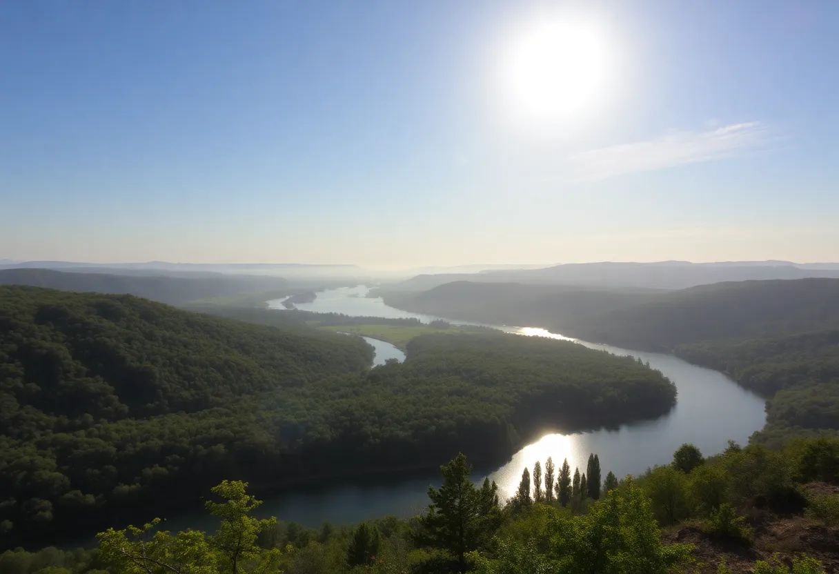 A panoramic view of the Columbia Basin with clear skies and vibrant greenery after recent rainfall.