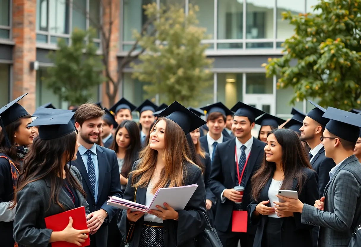 Graduates of Columbia Business School celebrating job offers on campus.