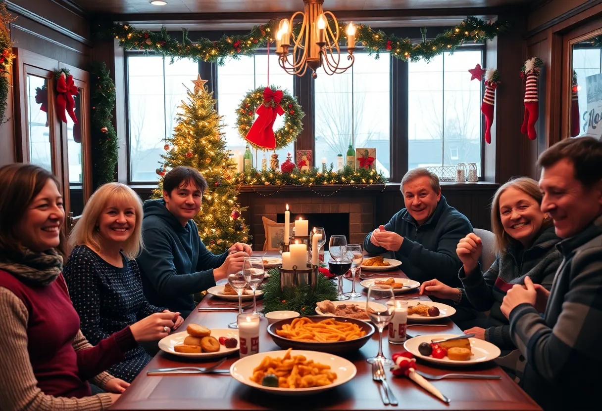 Festive dining scene in a Columbia restaurant during Christmas