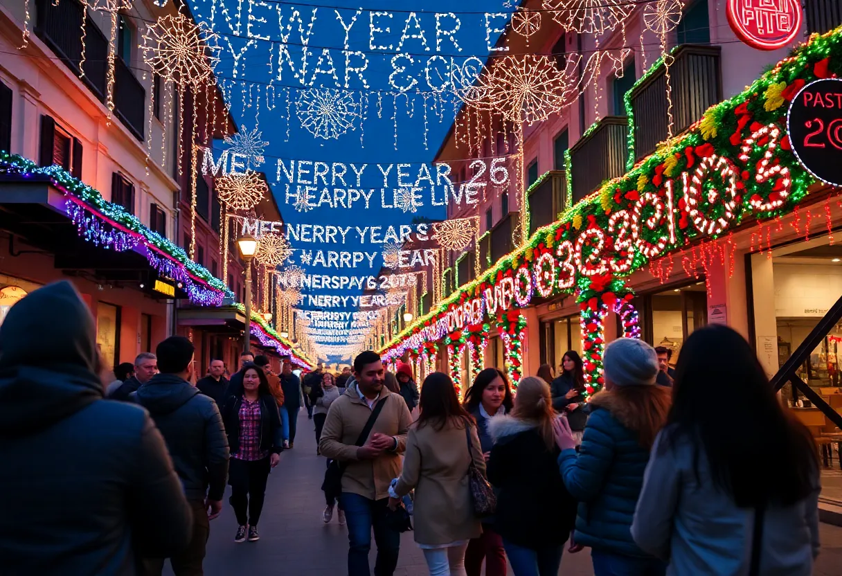 Celebration atmosphere in Columbia, decorated for New Year's Eve
