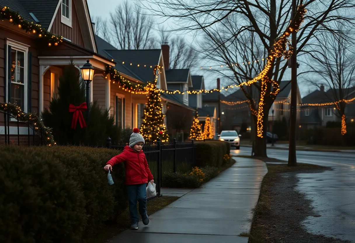 A neighborhood scene during the holidays reflecting a mourning atmosphere.