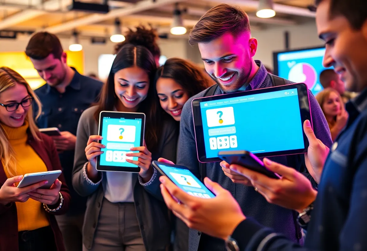 People interacting with quizzes on digital devices in a marketing context