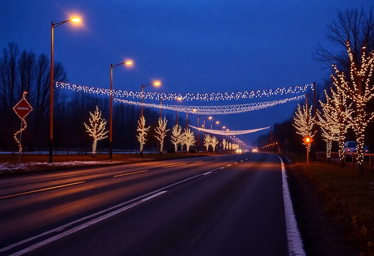 Desolate road on Christmas Eve with decorations