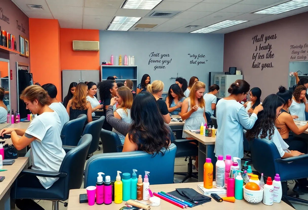 Diverse students learning in a cosmetology school classroom