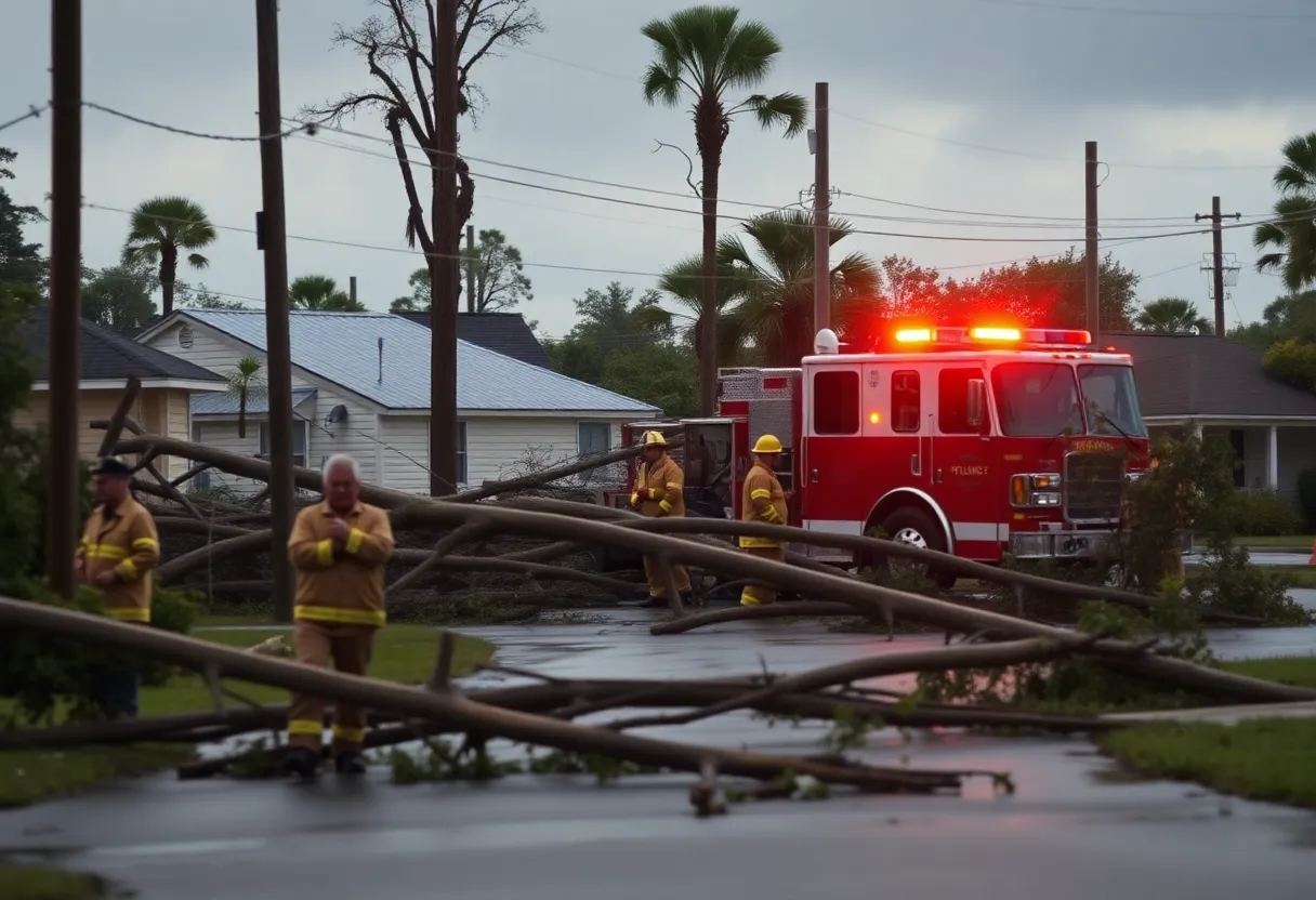 Scene depicting the aftermath of a hurricane with emergency responders and fallen trees
