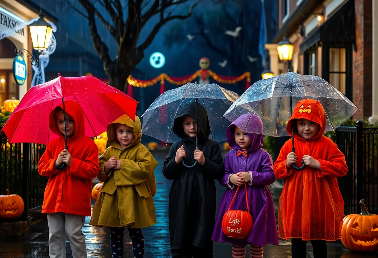 Children in Halloween costumes holding umbrellas in the rain
