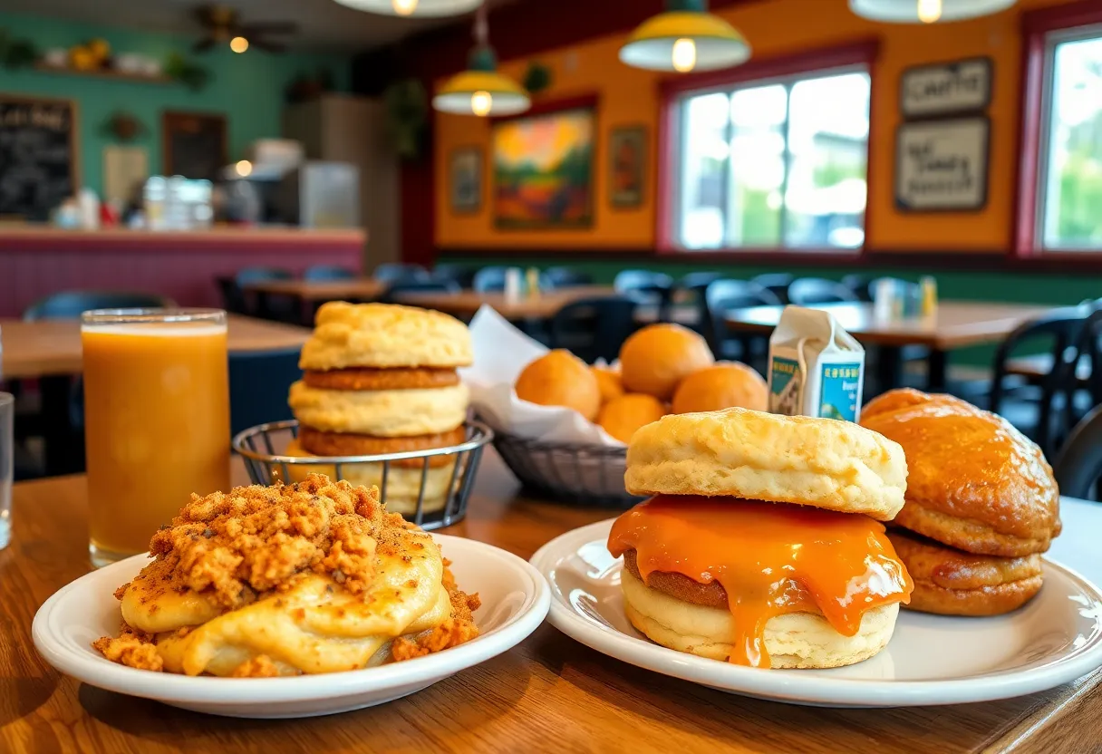 Delicious breakfast options from Biscuitville including biscuits, hash browns, and honey buns.