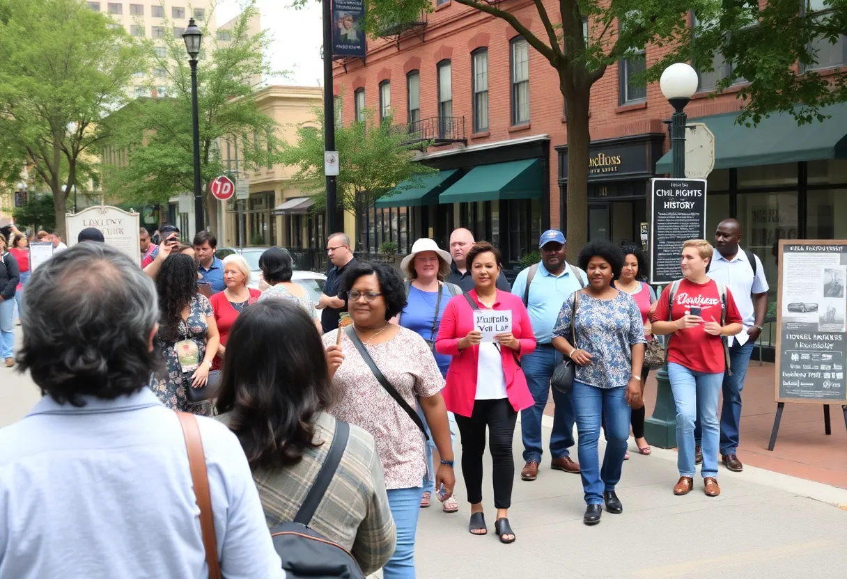 Participants of the Black History Month walking tour engage with historical landmarks.