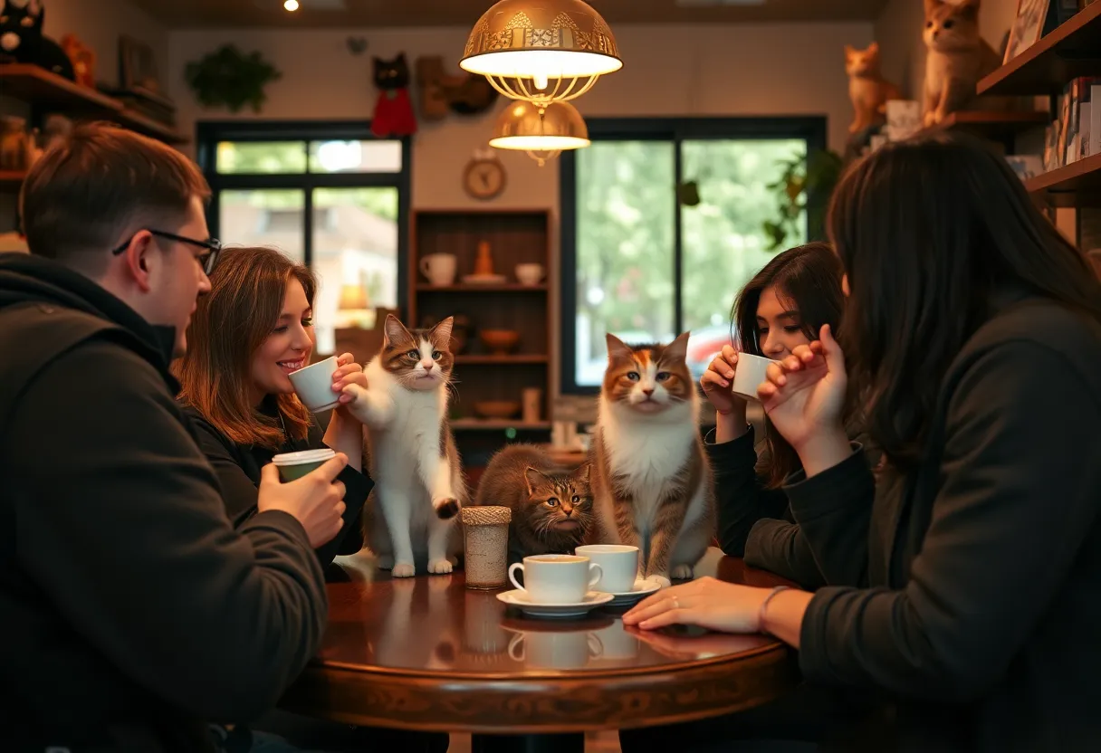 Customers at Cat Daddy Cafe enjoying coffee and cats