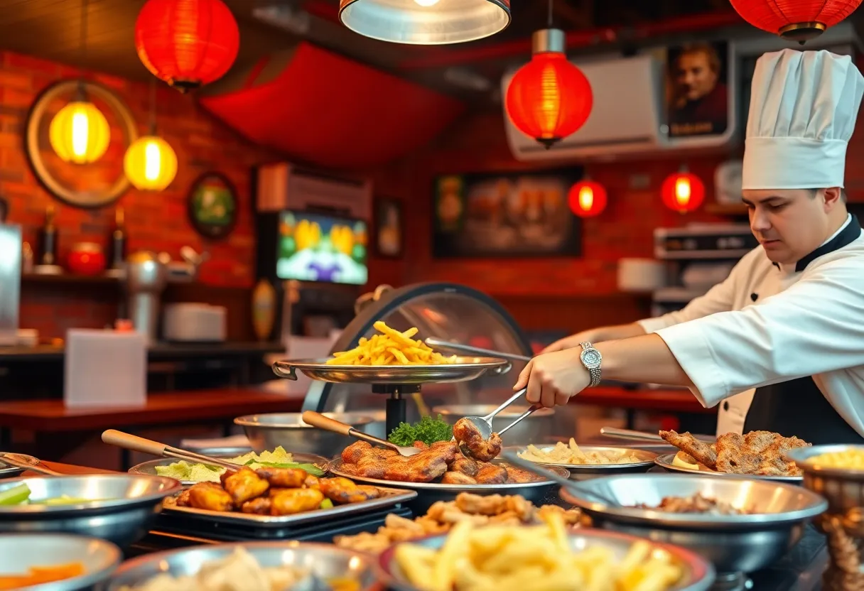Chef working in a busy barbecue restaurant kitchen.