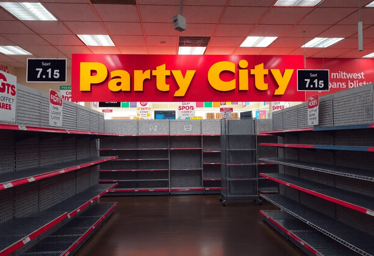 Exterior view of a closed Party City store with a 'Closed' sign prominently displayed.