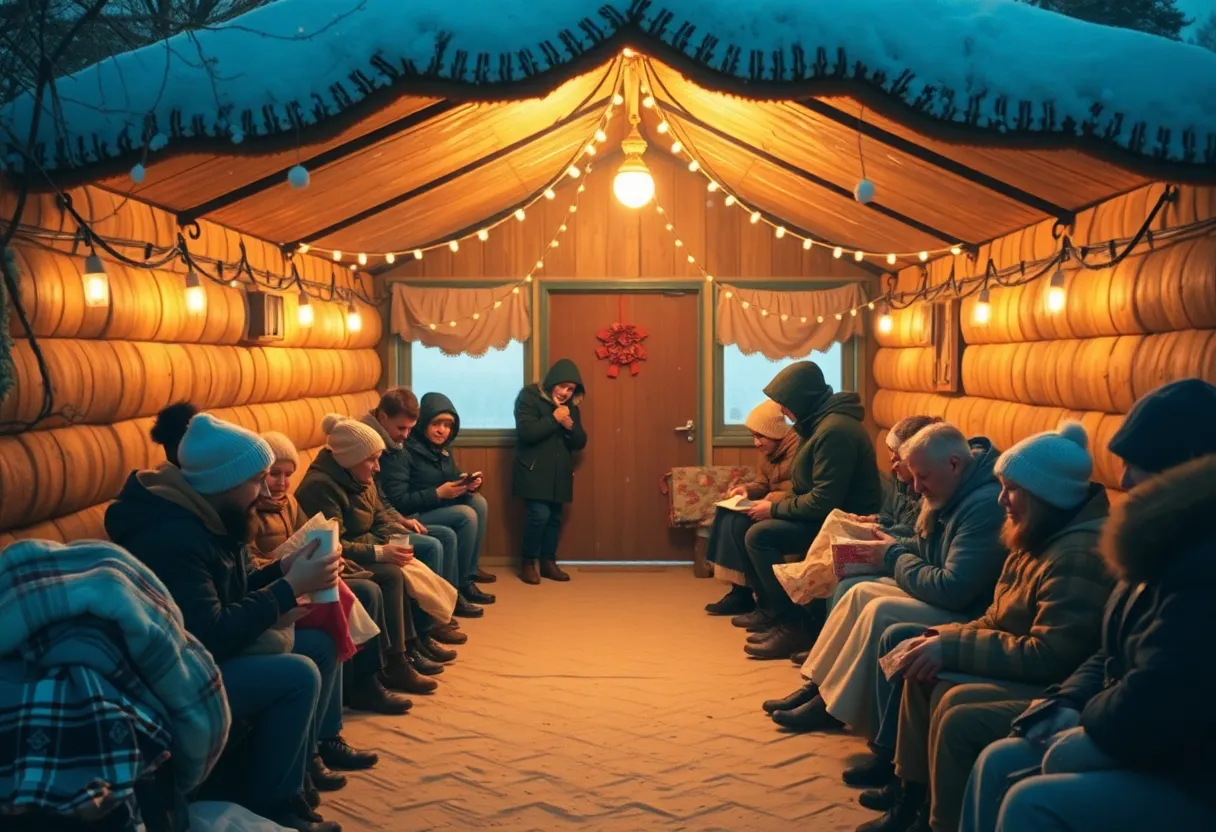 Community members receiving warmth at a cold weather shelter