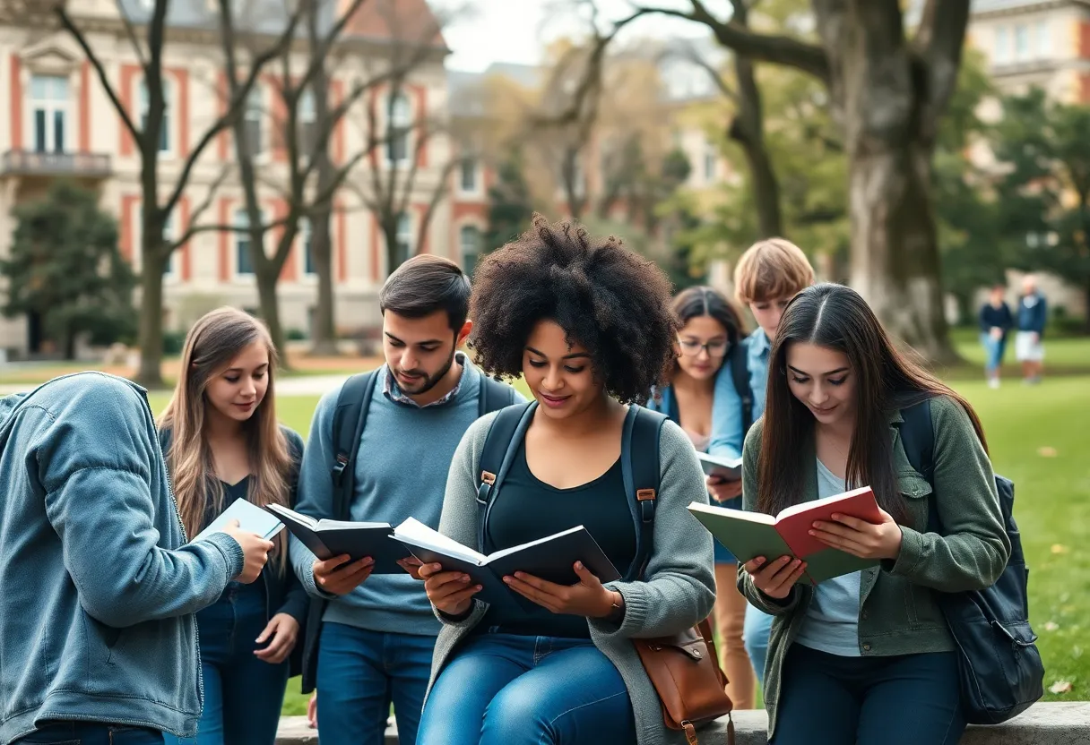 A group of diverse college students studying together on a university campus.