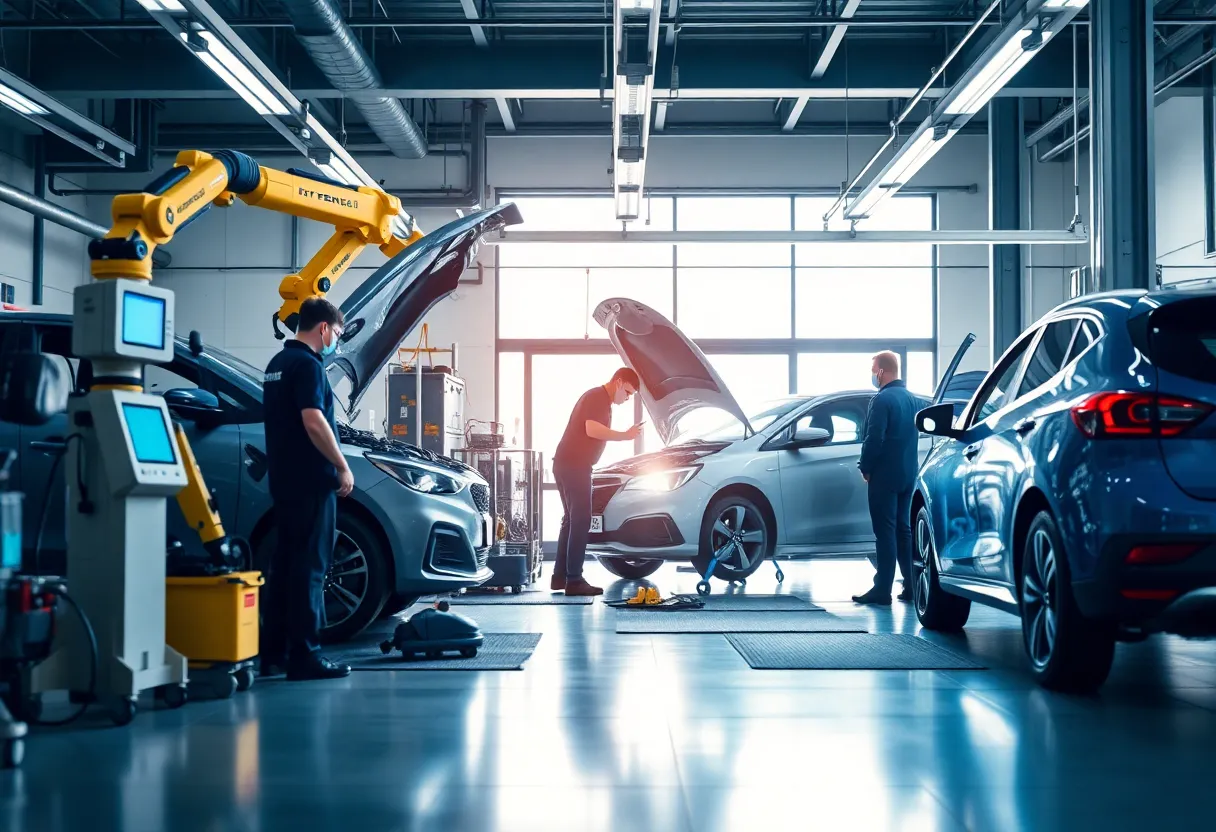 Technicians working in a high-tech collision repair shop