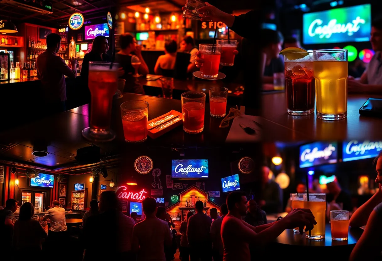 A collage representing Columbia's bar scene with different bars and drinks.