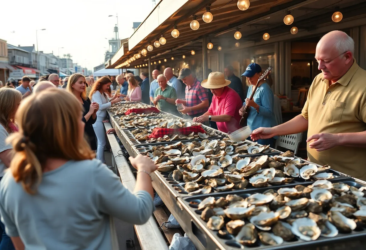 People enjoying freshly steamed oysters at the Columbia Oyster Roast event