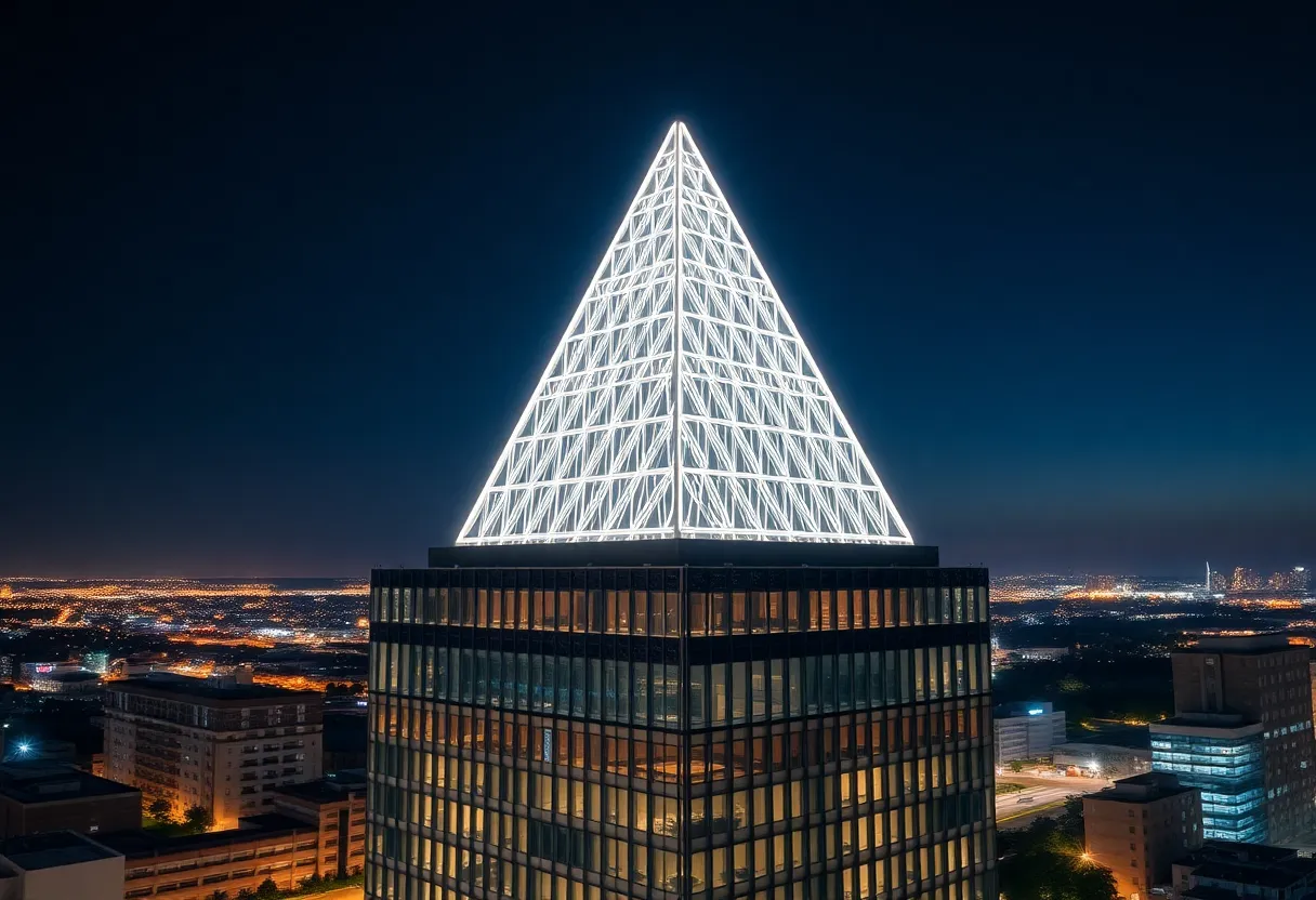 50-foot tall metal pyramid on an office building in Columbia, illuminating the night