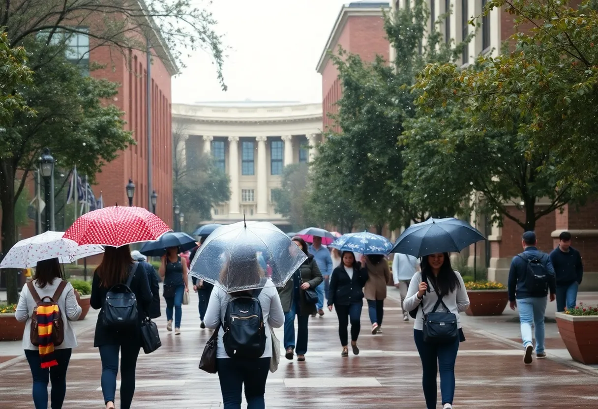 Students on a Columbia SC university campus during winter weather