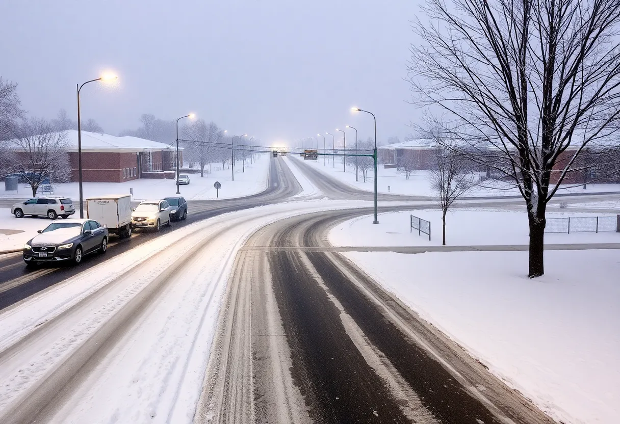 Snowy road near schools in Columbia, SC