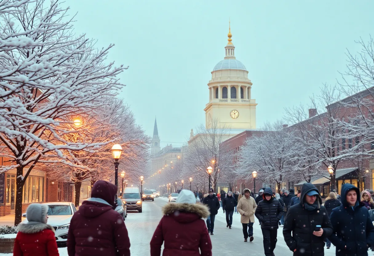 Snow-covered streets in Columbia, South Carolina during a winter storm.