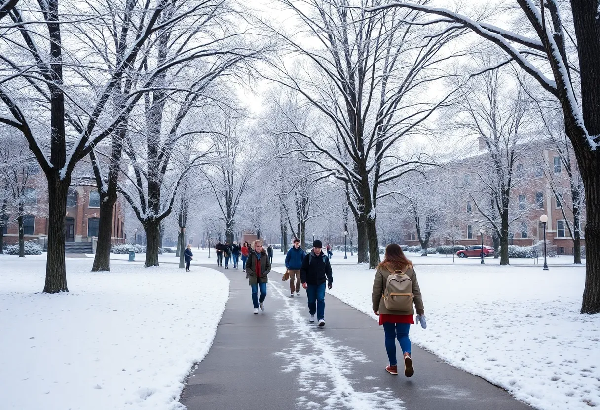 Students walking on a snow-covered campus pathway