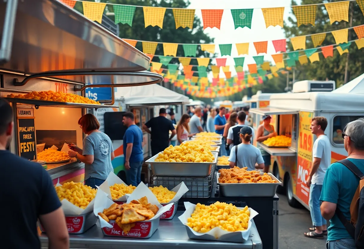 People enjoying mac and cheese at the Mac & Cheese Festival in Columbia
