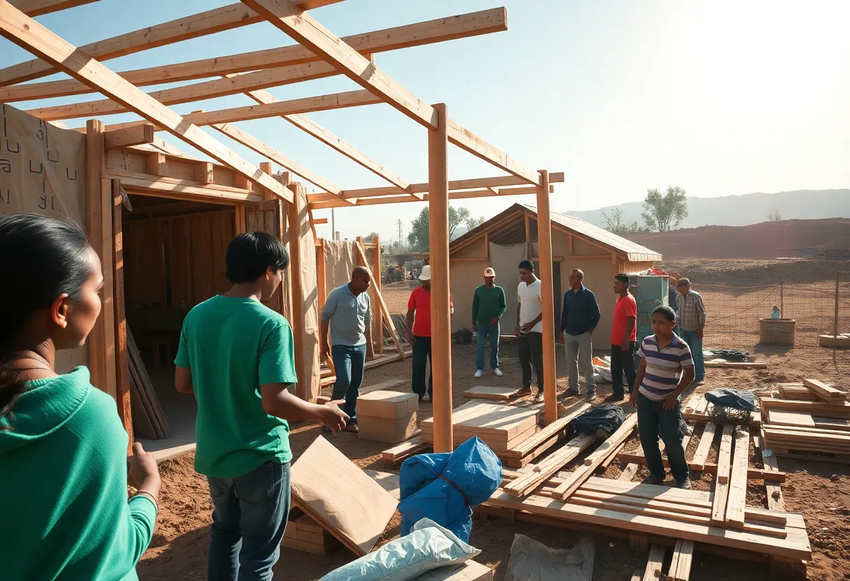 Volunteers constructing shelters for hurricane victims.