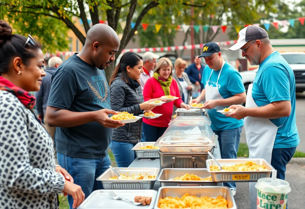 Community members serving food at a cookout for the homeless in Columbia, SC.