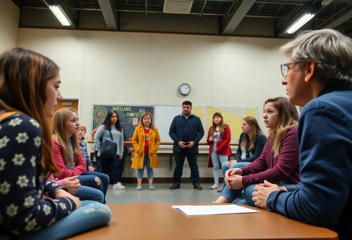 Parents and students discuss the recent teacher arrest outside a high school