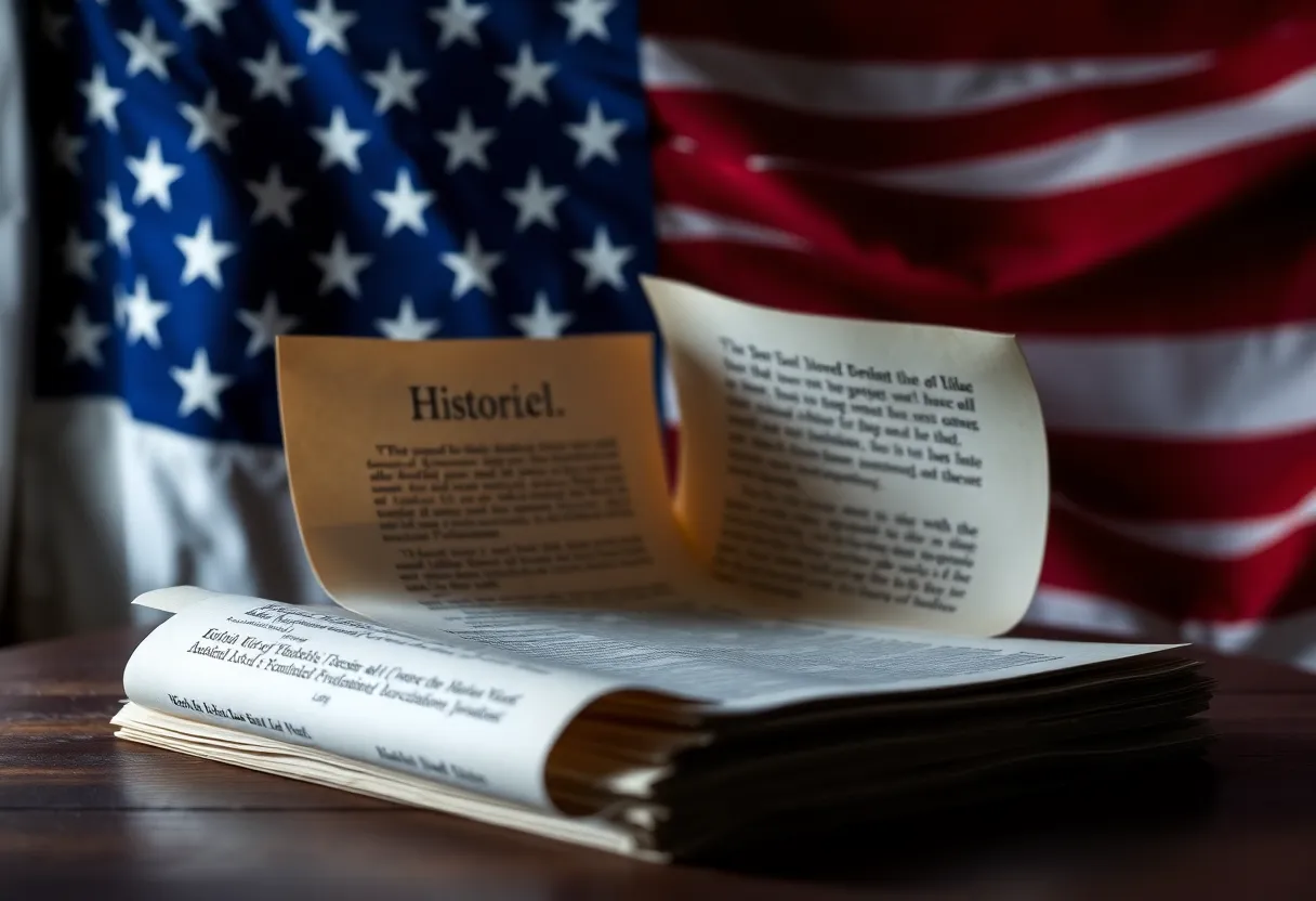 A symbolic representation of historical documents being opened, with a backdrop of the United States flag.