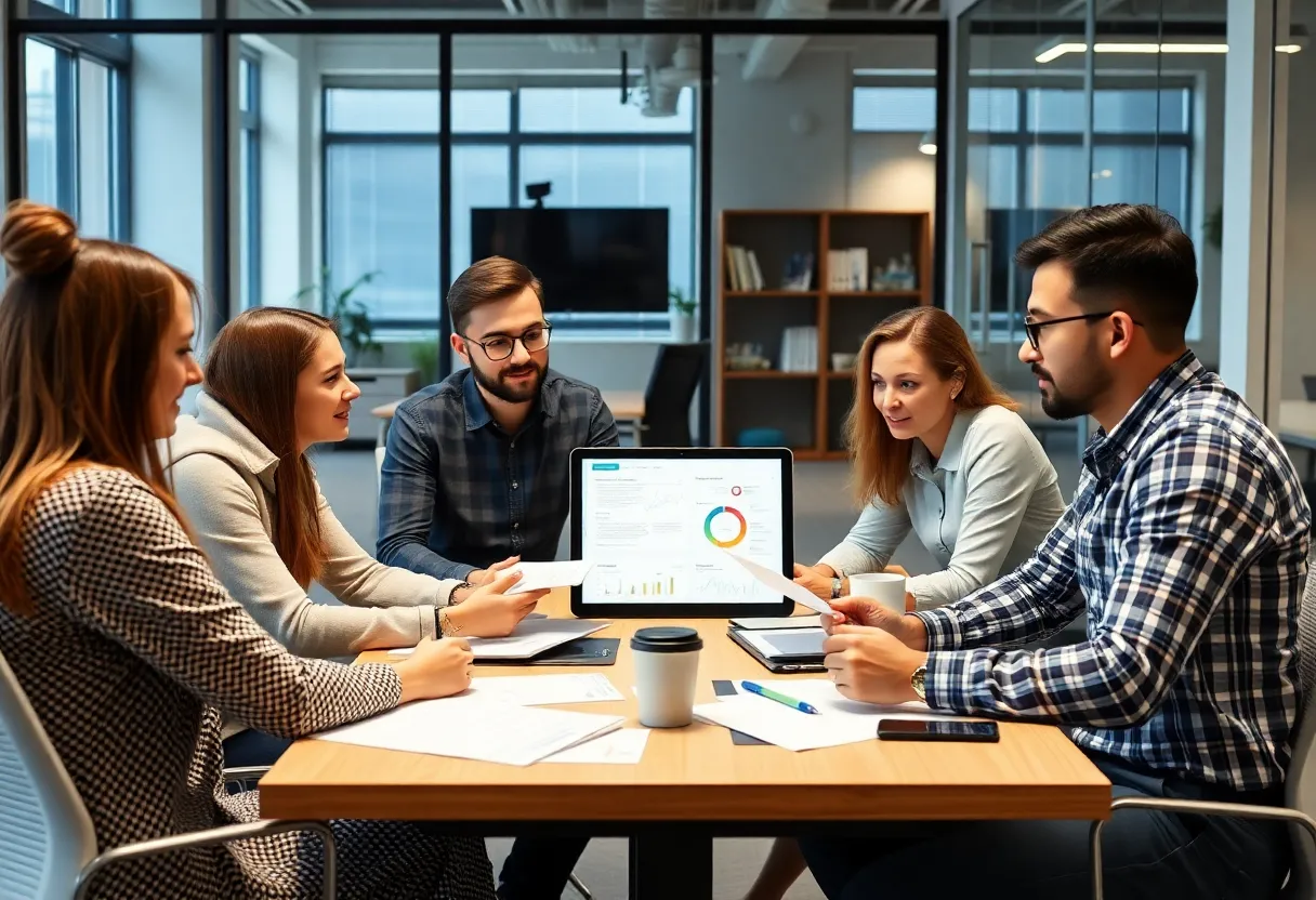 Team discussing SEO strategies in a modern office